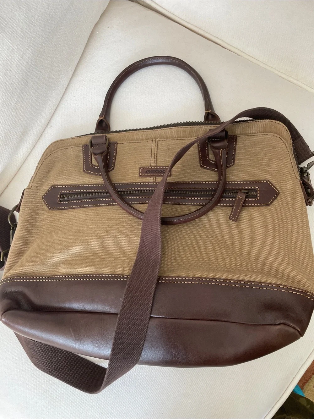 Geox Tan Canvas and Brown Leather Laptop Messenger Bag